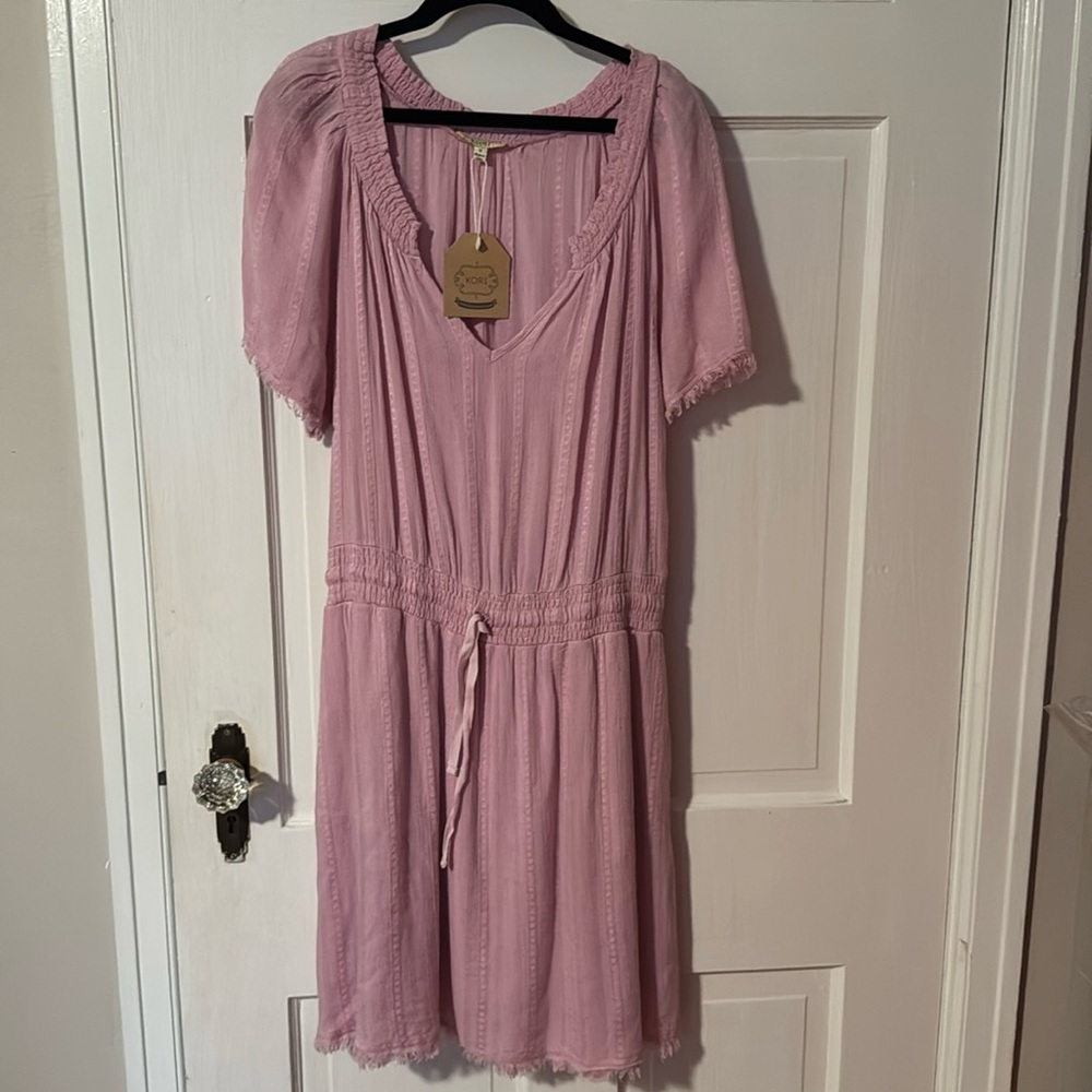 Kori NWT Light Pink Short Sleeve Vneck Drawstring Middle Womens Dress 100% Rayon